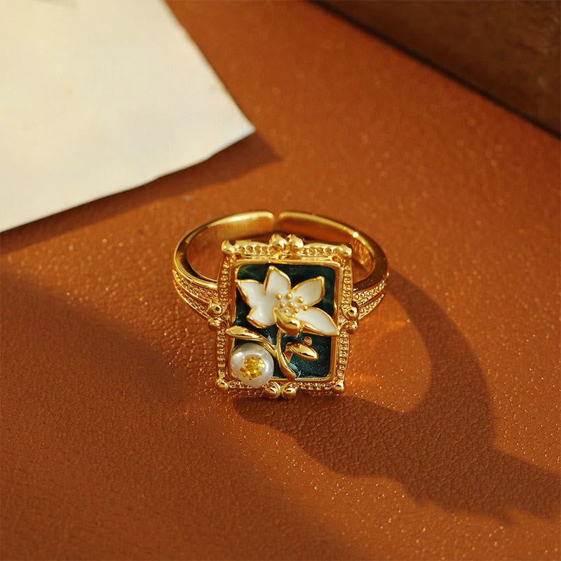 Buddha Stones Vintage Oil Painting Lotus Flower Pearl Copper Wealth Ring - image 3