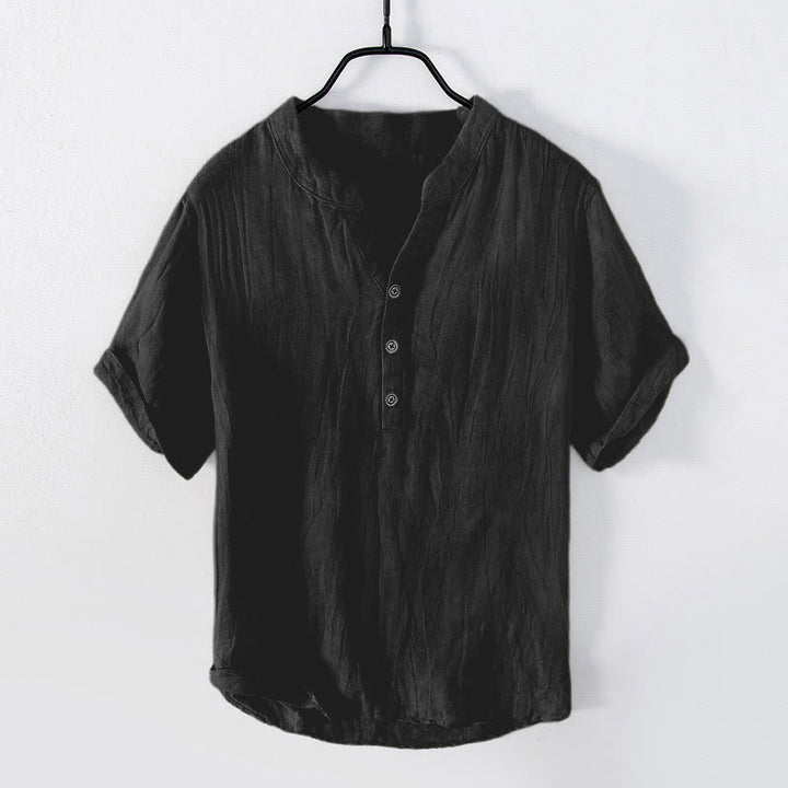 Buddha Stones Solid Color Short Sleeve Half Button Shirt Cotton Linen Men Clothing - Short Sleeve - Black - US/UK/AU50，EU60 (5XL) - image 21