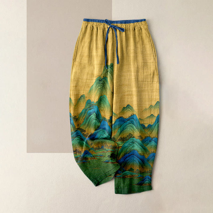 Buddha Stones Pure Cotton Natural Landscape Pattern Women's Elastic Waist Pants With Pockets - Goldenrod - US16，UK/AU20，EU48 (3XL) - image 5