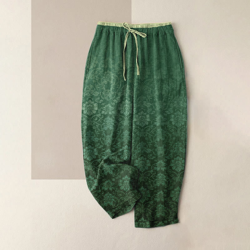 Buddha Stones Pure Cotton Retro Decorative Floral Pattern Women's Elastic Waist Pants With Pockets - SeaGreen - US16，UK/AU20，EU48 (3XL) - image 5