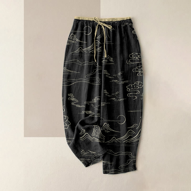 Buddha Stones Cotton Casual Mountain Moon Auspicious Clouds Pattern Women's Elastic Waist Pants With Pockets - Black - US16，UK/AU20，EU48 (3XL) - image 0