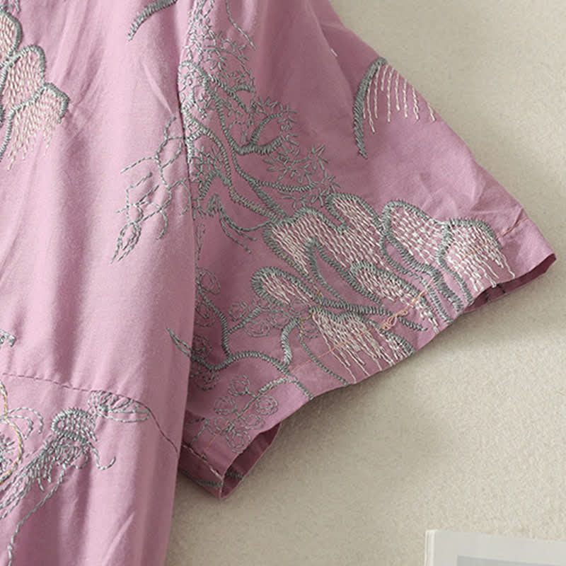 Buddha Stones Summer V-Neck Floral Design Short Sleeve Cotton Midi Dress With Pockets - image 5