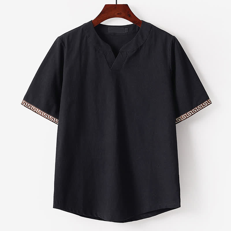 Buddha Stones Summer Embroidered Short Sleeve Notched Collar Men's Cotton Linen T-Shirt - Black - US/UK/AU56，EU66(9XL) - image 3