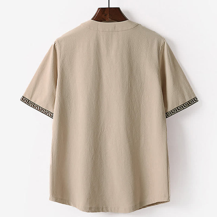 Buddha Stones Summer Embroidered Short Sleeve Notched Collar Men's Cotton Linen T-Shirt - image 5