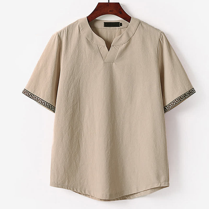 Buddha Stones Summer Embroidered Short Sleeve Notched Collar Men's Cotton Linen T-Shirt - Tan - US/UK/AU56，EU66(9XL) - image 4