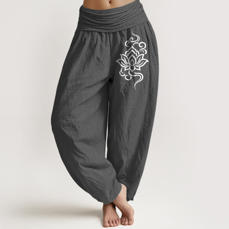 Buddha Stones Cotton Simple Lotus Pattern Women's Elastic Waist Harem Pants - DimGray - US16，UK/AU20，EU48 (3XL) - image 11