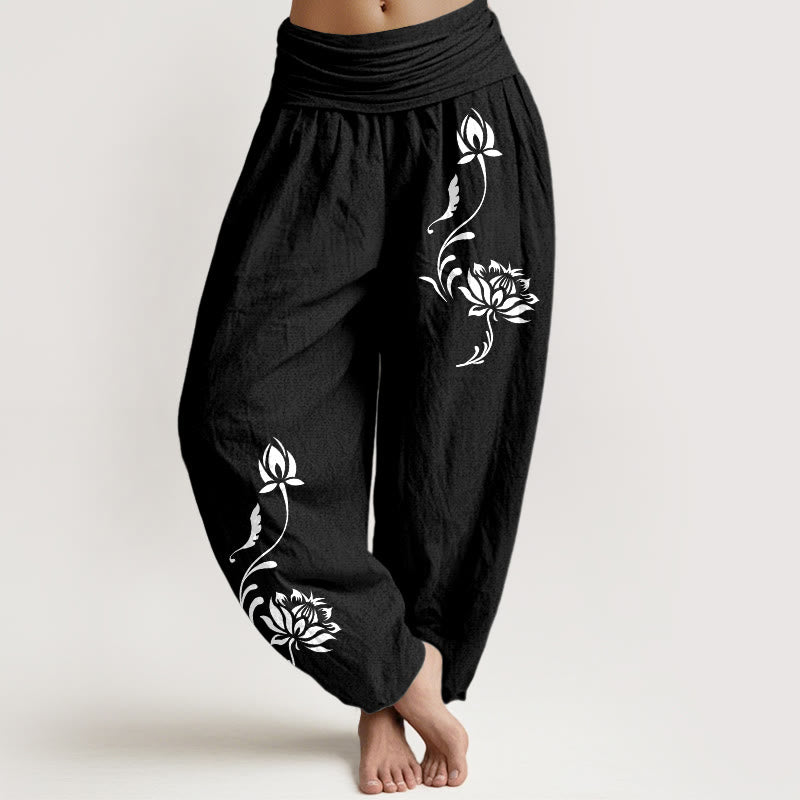 Buddha Stones Cotton Stable Lotus Petals Pattern Women's Elastic Waist Harem Pants - Black - US16，UK/AU20，EU48 (3XL) - image 5