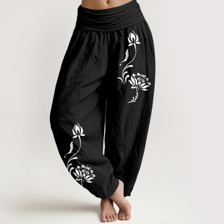 Buddha Stones Cotton Stable Lotus Petals Pattern Women's Elastic Waist Harem Pants - Black - US16，UK/AU20，EU48 (3XL) - image 5
