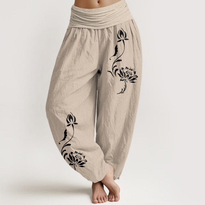 Buddha Stones Cotton Stable Lotus Petals Pattern Women's Elastic Waist Harem Pants - Tan - US16，UK/AU20，EU48 (3XL) - image 11