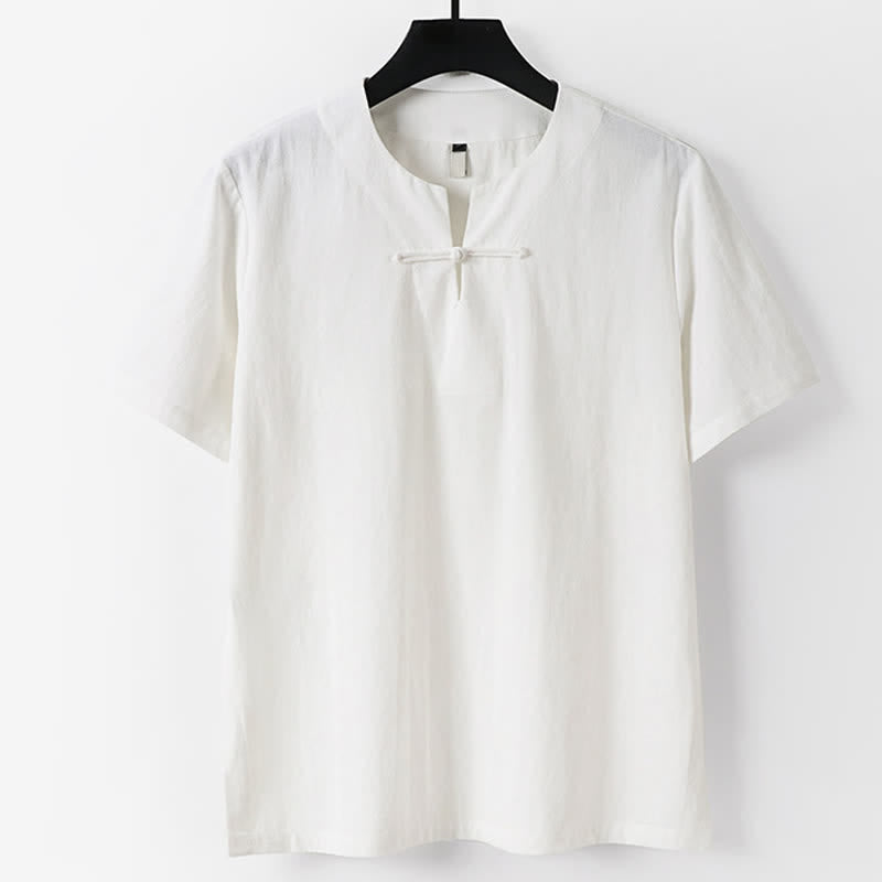 Buddha Stones Solid Color Frog-Button Short Sleeve Notched Collar Men's Cotton Linen T-Shirt - White - US/UK/AU56，EU66(9XL) - image 1