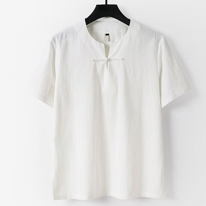 Buddha Stones Solid Color Frog-Button Short Sleeve Notched Collar Men's Cotton Linen T-Shirt - White - US/UK/AU56，EU66(9XL) - image 1