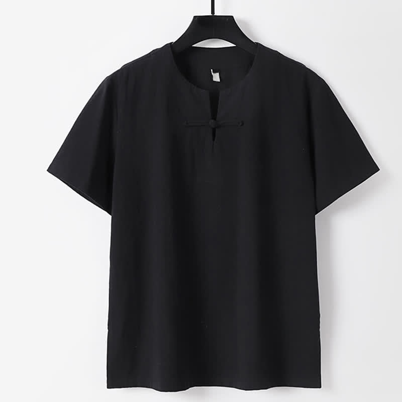Buddha Stones Solid Color Frog-Button Short Sleeve Notched Collar Men's Cotton Linen T-Shirt - Black - US/UK/AU56，EU66(9XL) - image 2
