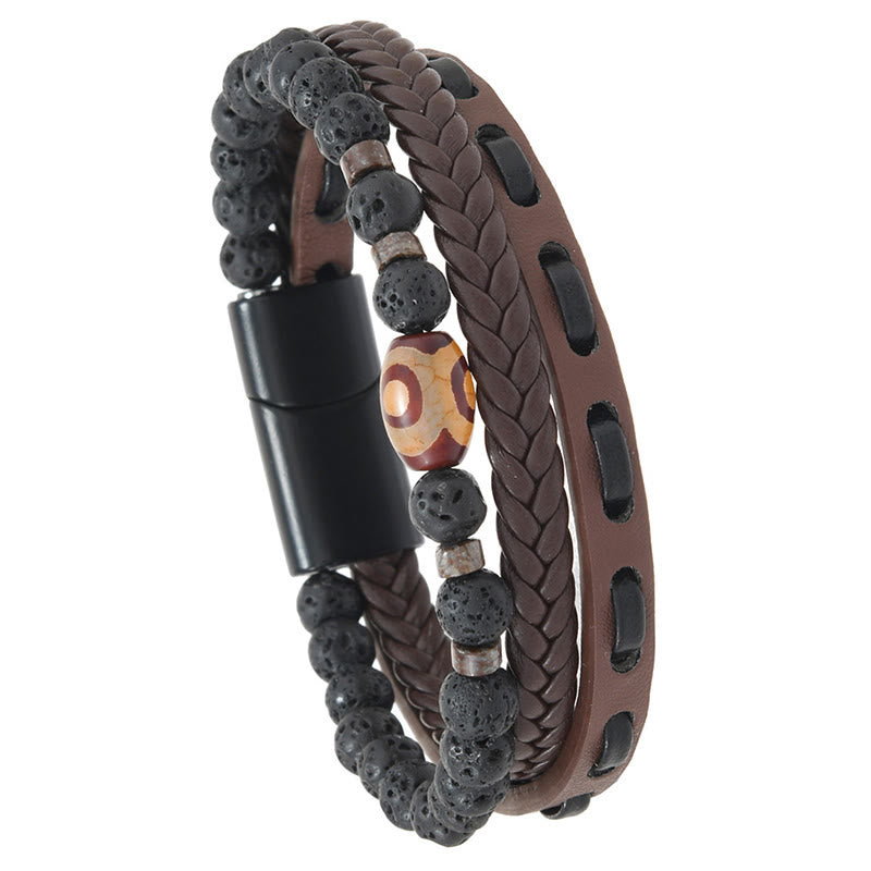 Buddha Stones Dzi Bead Lava Rock Multilayered Braided Leather Wealth Bracelet - image 7