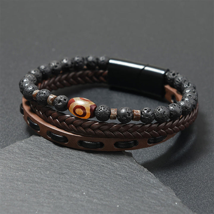 Buddha Stones Dzi Bead Lava Rock Multilayered Braided Leather Wealth Bracelet - Coffee-Colored Leather(Wrist Circumference: 18-19cm) - image 3