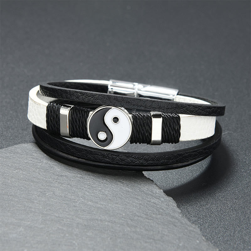 Buddha Stones Black White YIN YANG Multilayered Leather Balance Bracelet - White Leather(Wrist Circumference: 18-19cm) - image 2