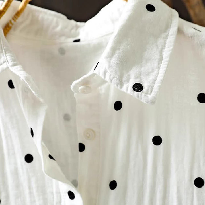 Buddha Stones Women's Commute Short Sleeve Polka Dot Lapel Cotton Shirt With Pockets - image 7