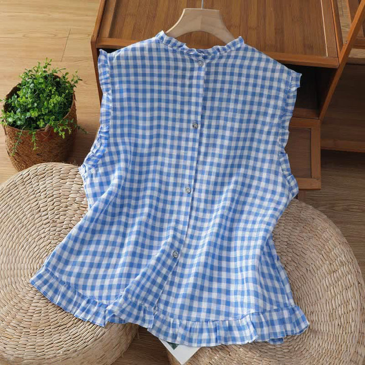 Buddha Stones Summer Plaid Ruffled Crew Neck Back Button Design Women's Sleeveless T-Shirt - image 3