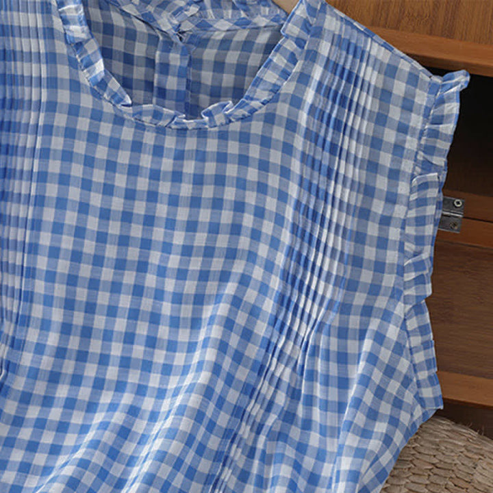 Buddha Stones Summer Plaid Ruffled Crew Neck Back Button Design Women's Sleeveless T-Shirt - image 7