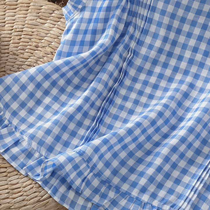 Buddha Stones Summer Plaid Ruffled Crew Neck Back Button Design Women's Sleeveless T-Shirt - image 9