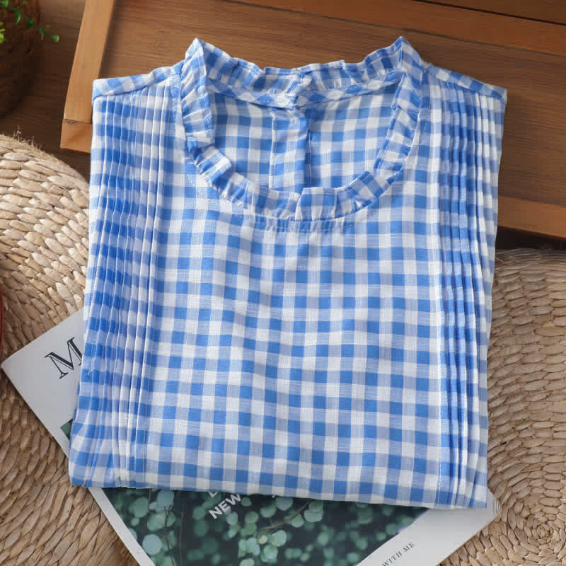 Buddha Stones Summer Plaid Ruffled Crew Neck Back Button Design Women's Sleeveless T-Shirt - image 11