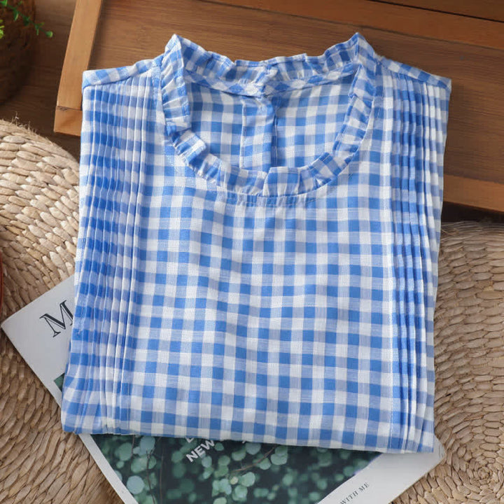 Buddha Stones Summer Plaid Ruffled Crew Neck Back Button Design Women's Sleeveless T-Shirt - image 11