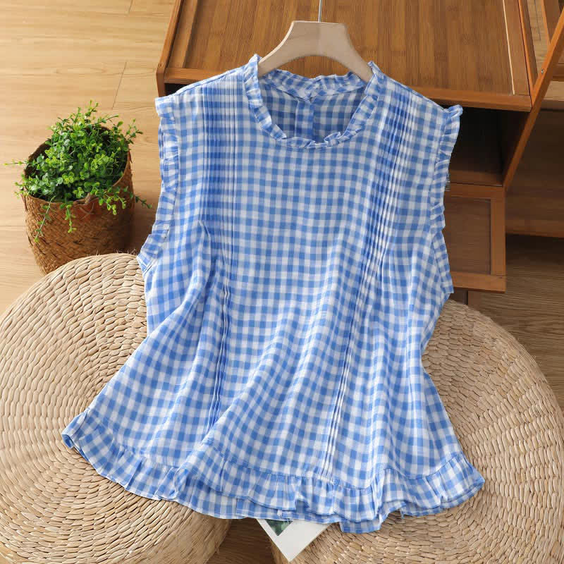 Buddha Stones Summer Plaid Ruffled Crew Neck Back Button Design Women's Sleeveless T-Shirt - CornflowerBlue - US8-10，UK/AU12-14，EU40-42 (2XL) - image 2