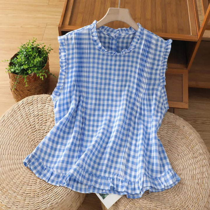 Buddha Stones Summer Plaid Ruffled Crew Neck Back Button Design Women's Sleeveless T-Shirt - CornflowerBlue - US8-10，UK/AU12-14，EU40-42 (2XL) - image 2