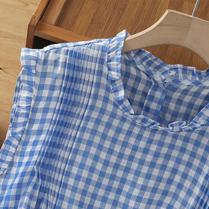 Buddha Stones Summer Plaid Ruffled Crew Neck Back Button Design Women's Sleeveless T-Shirt - image 6