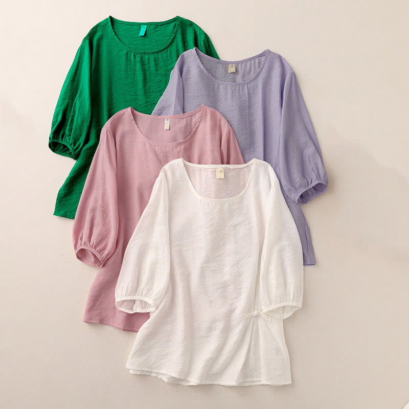 Buddha Stones Solid Color Frog-Button Design Puff Short Sleeve Women's T-Shirt - image 18