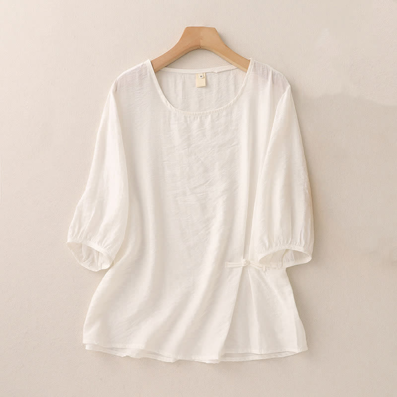 Buddha Stones Solid Color Frog-Button Design Puff Short Sleeve Women's T-Shirt - White - US8-10，UK/AU12-14，EU40-42 (2XL) - image 6