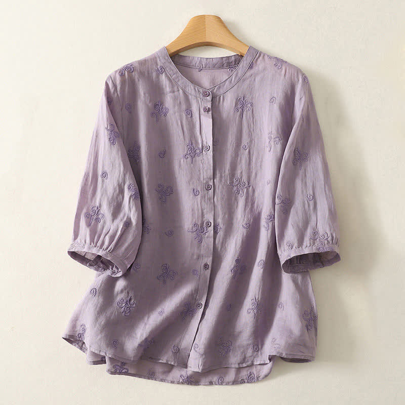 Buddha Stones Retro Embroidered Floral Short Sleeve Women's Buttons Shirt - MediumPurple - US8-10，UK/AU12-14，EU40-42 (2XL) - image 0