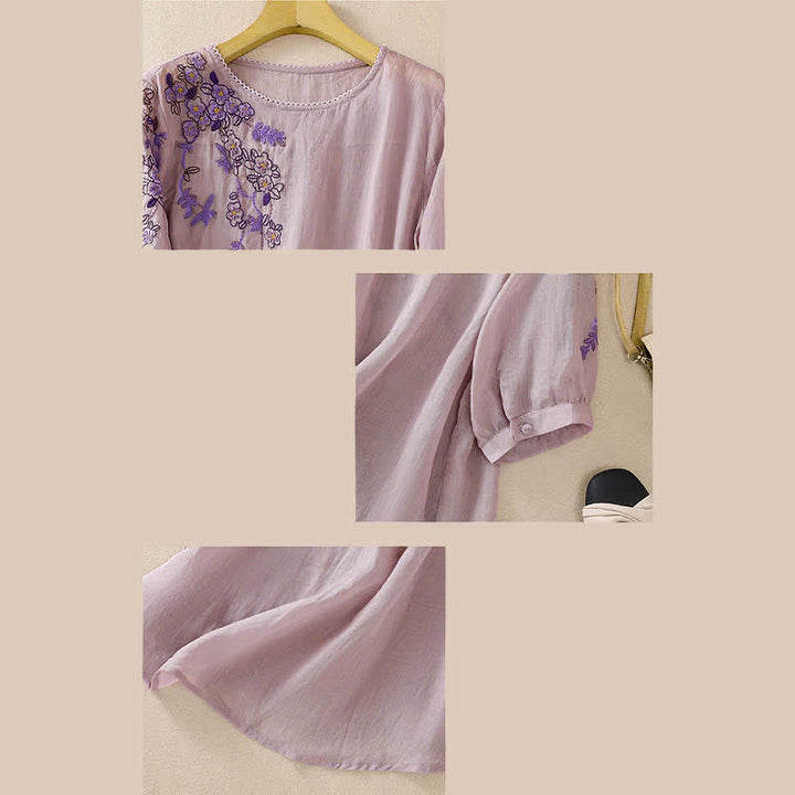 Buddha Stones Retro Embroidery Floral Pattern Short Sleeve Crew Neck Women's Shirt - image 29