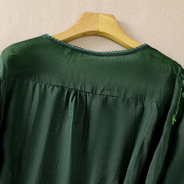 Buddha Stones Retro Embroidery Floral Pattern Short Sleeve Crew Neck Women's Shirt - image 2