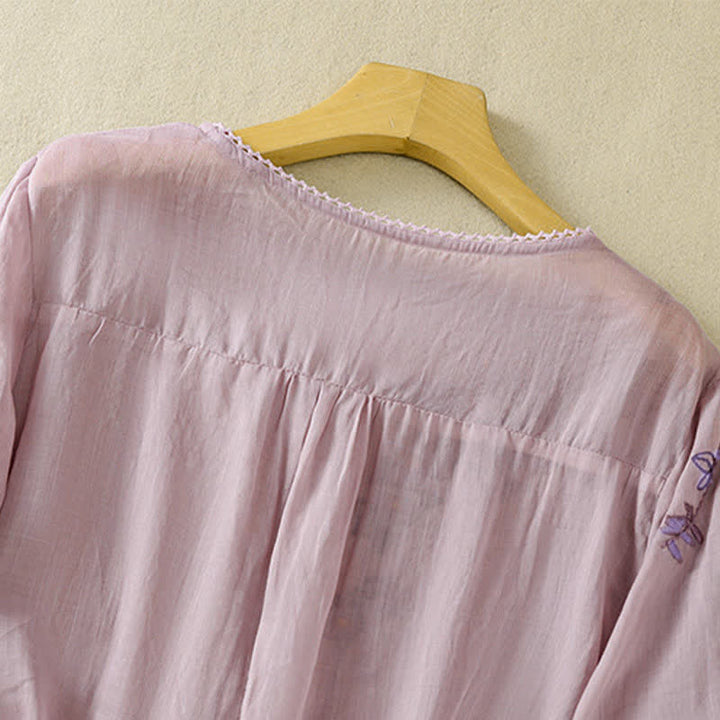 Buddha Stones Retro Embroidery Floral Pattern Short Sleeve Crew Neck Women's Shirt - image 25