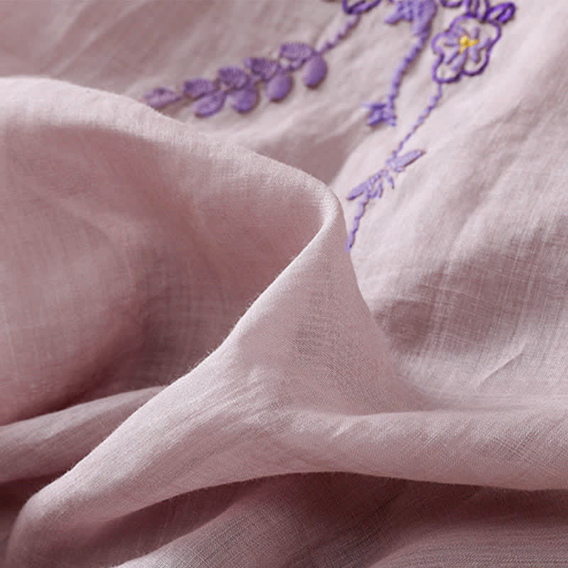 Buddha Stones Retro Embroidery Floral Pattern Short Sleeve Crew Neck Women's Shirt - image 26