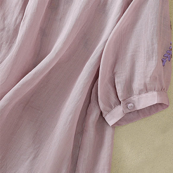 Buddha Stones Retro Embroidery Floral Pattern Short Sleeve Crew Neck Women's Shirt - image 28