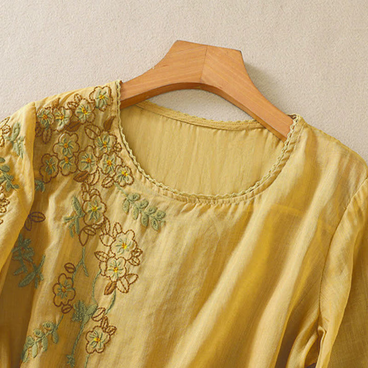 Buddha Stones Retro Embroidery Floral Pattern Short Sleeve Crew Neck Women's Shirt - image 16