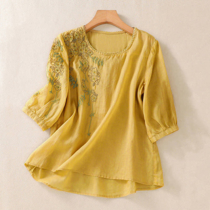 Buddha Stones Retro Embroidery Floral Pattern Short Sleeve Crew Neck Women's Shirt - Gold - US8-10，UK/AU12-14，EU40-42 (2XL) - image 14