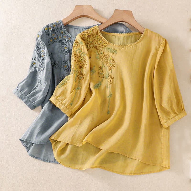 Buddha Stones Retro Embroidery Floral Pattern Short Sleeve Crew Neck Women's Shirt - image 32