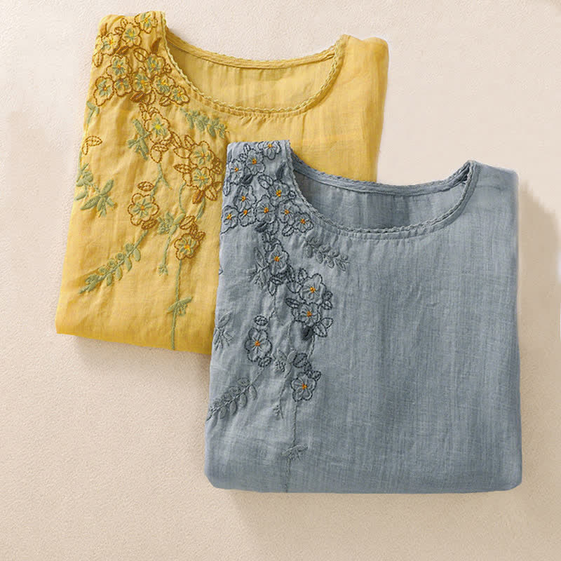 Buddha Stones Retro Embroidery Floral Pattern Short Sleeve Crew Neck Women's Shirt - image 33