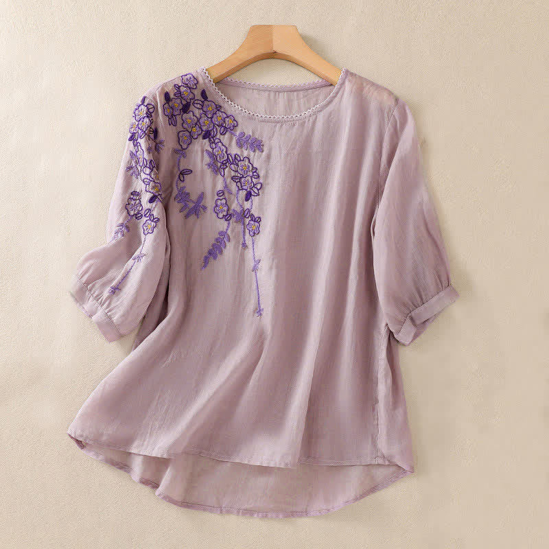 Buddha Stones Retro Embroidery Floral Pattern Short Sleeve Crew Neck Women's Shirt - Plum - US8-10，UK/AU12-14，EU40-42 (2XL) - image 24