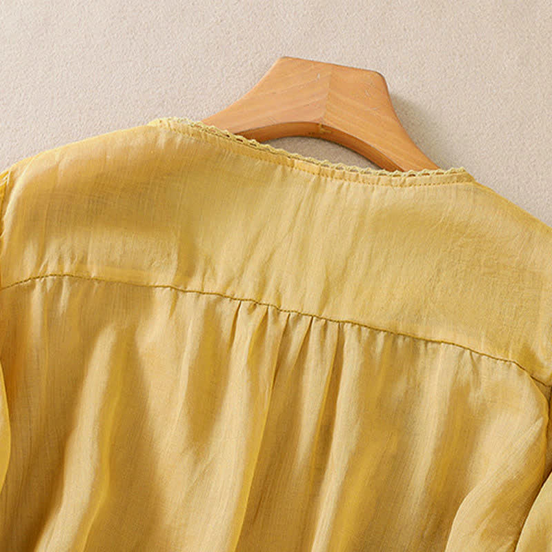 Buddha Stones Retro Embroidery Floral Pattern Short Sleeve Crew Neck Women's Shirt - image 17