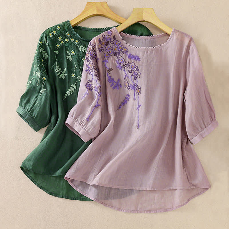 Buddha Stones Retro Embroidery Floral Pattern Short Sleeve Crew Neck Women's Shirt - image 30
