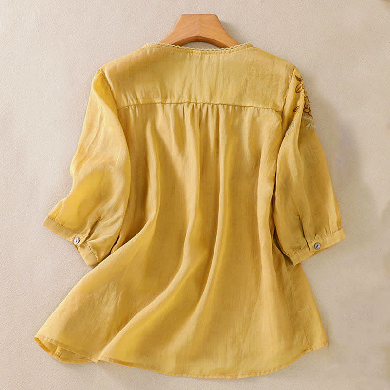 Buddha Stones Retro Embroidery Floral Pattern Short Sleeve Crew Neck Women's Shirt - image 15