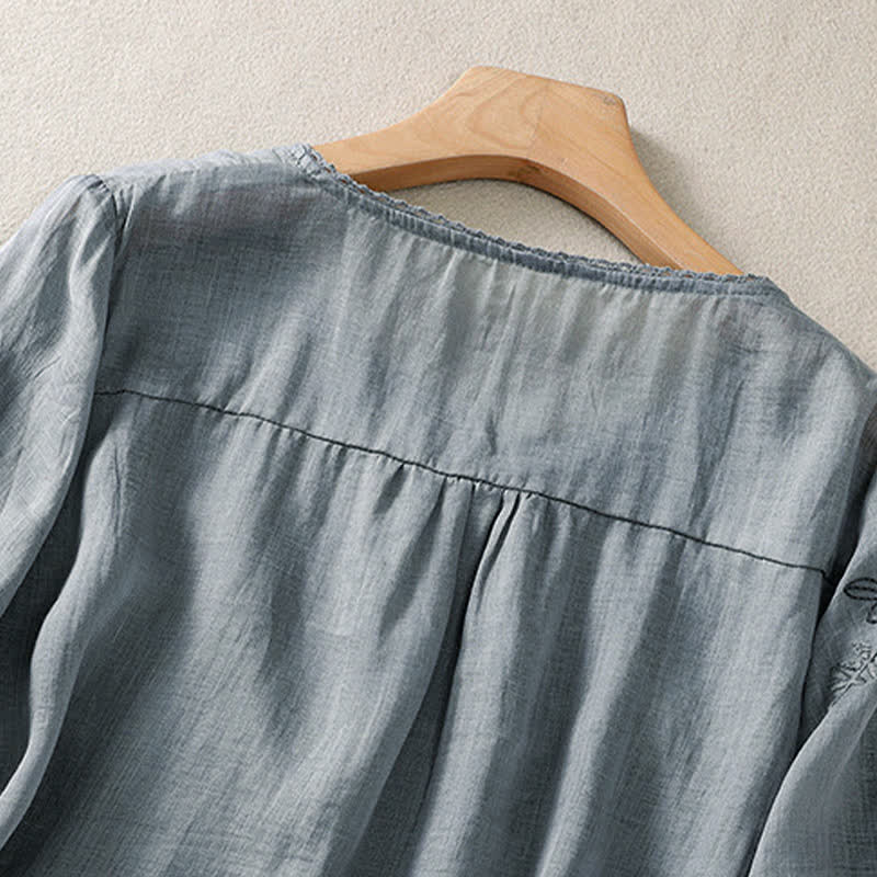 Buddha Stones Retro Embroidery Floral Pattern Short Sleeve Crew Neck Women's Shirt - image 9