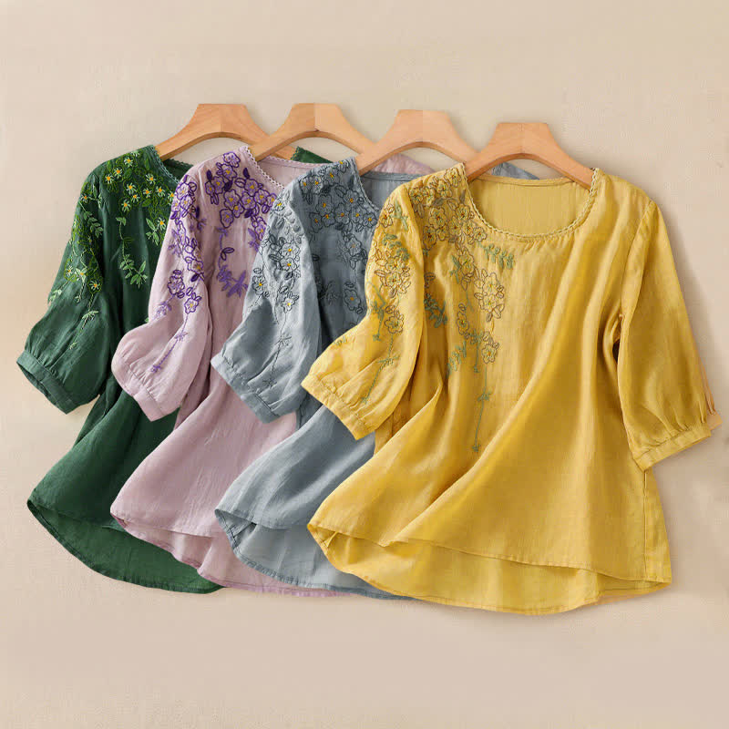 Buddha Stones Retro Embroidery Floral Pattern Short Sleeve Crew Neck Women's Shirt - image 34