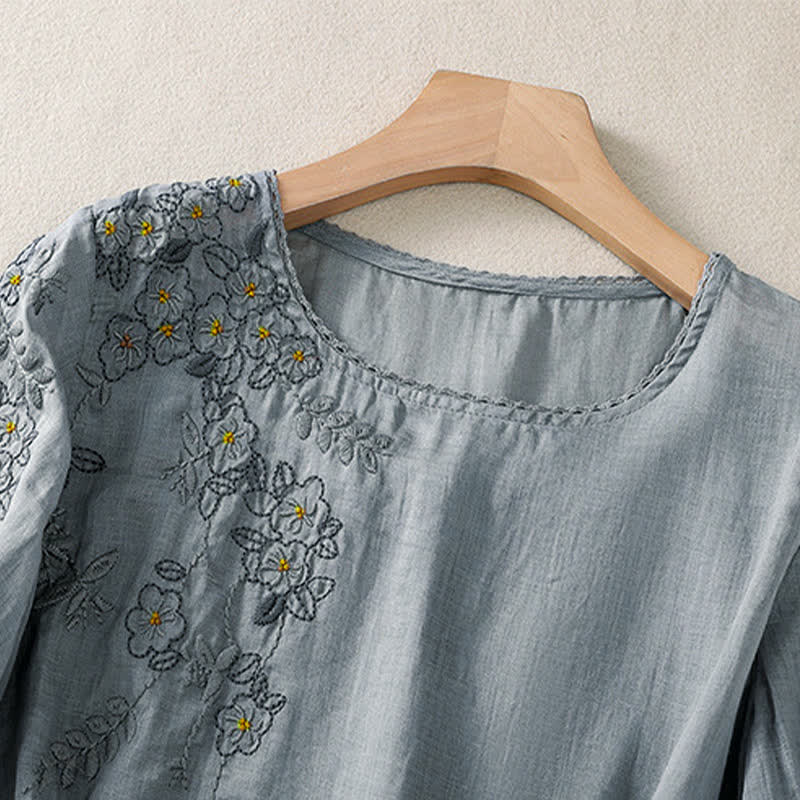 Buddha Stones Retro Embroidery Floral Pattern Short Sleeve Crew Neck Women's Shirt - image 8