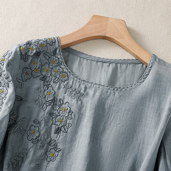 Buddha Stones Retro Embroidery Floral Pattern Short Sleeve Crew Neck Women's Shirt - image 8