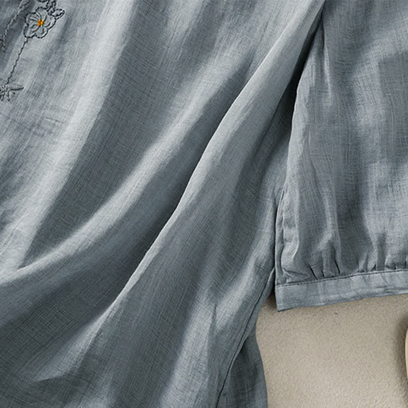 Buddha Stones Retro Embroidery Floral Pattern Short Sleeve Crew Neck Women's Shirt - image 11