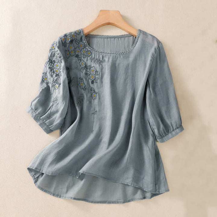 Buddha Stones Retro Embroidery Floral Pattern Short Sleeve Crew Neck Women's Shirt - LightSteelBlue - US8-10，UK/AU12-14，EU40-42 (2XL) - image 7